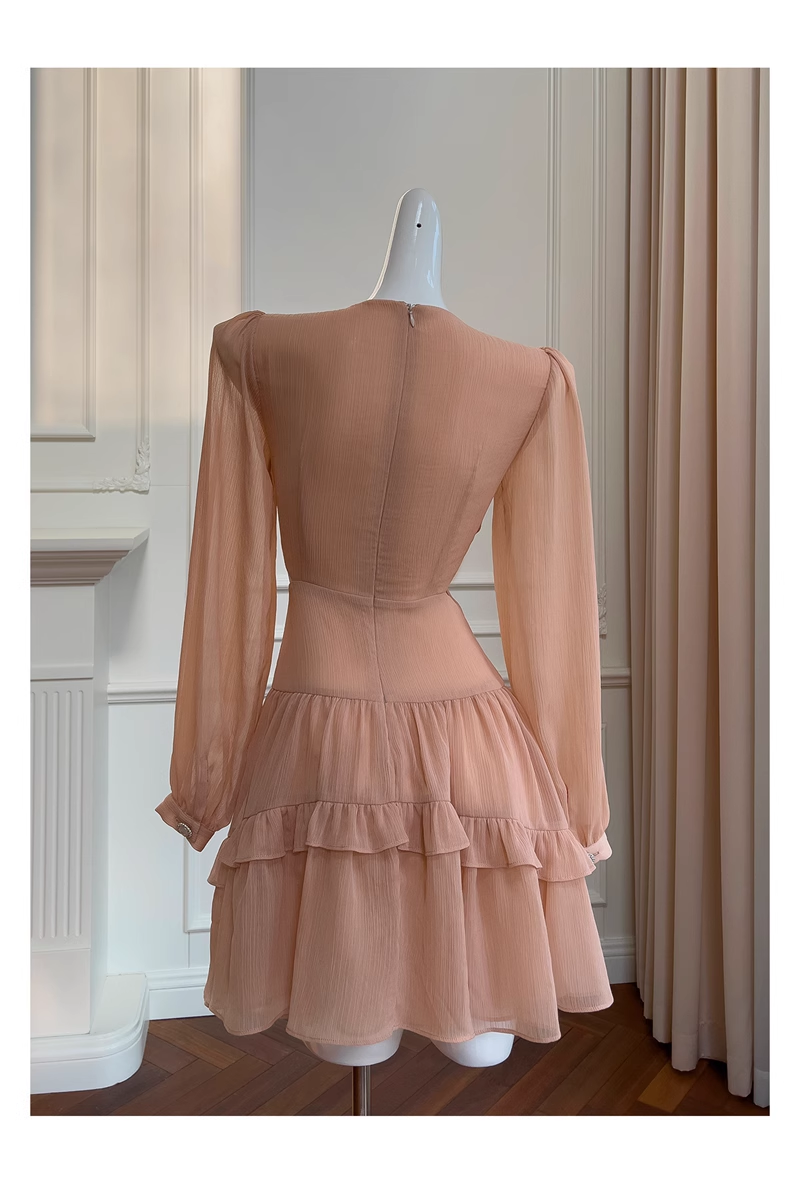 Retro Beading Design A-line Chiffon Long- sleeved V-neck Party Dresses Homecoming Dresses, D1352
