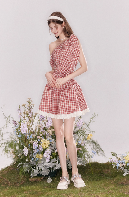 Summer off-shoulder red plaid dress with lace-up waist princess dress R4539