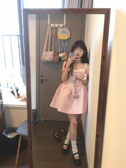Gentle style pink bow suspender dress women's waist dress R3146