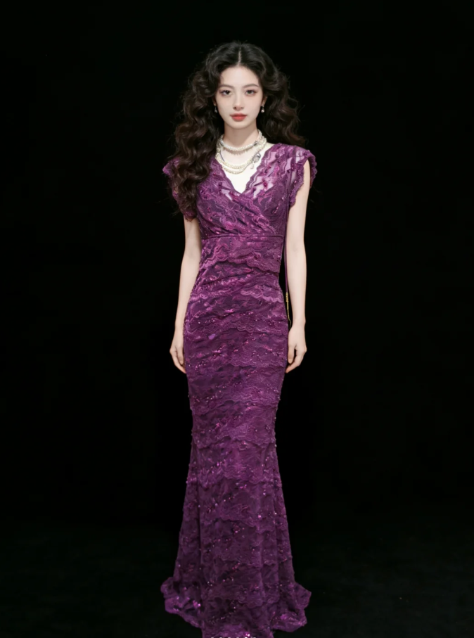 Charming Purple V Neck Lace Layered Mermaid Long Wedding Guest Dress Formal Birthday Party Dress SP1577