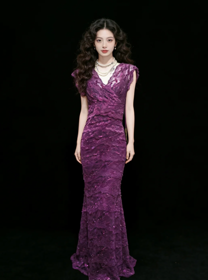 Charming Purple V Neck Lace Layered Mermaid Long Wedding Guest Dress Formal Birthday Party Dress SP1577
