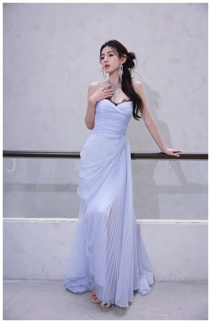 Classy Haze Blue Strapless Tulle Pleated Mermaid Long Party Dress Evening Gown