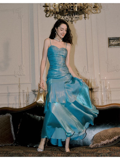Elegant Mermaid Spaghetti Straps Blue Satin Long Prom Dresses Party Dress 21st Birthday Outfits Graduation Dresses DH2398
