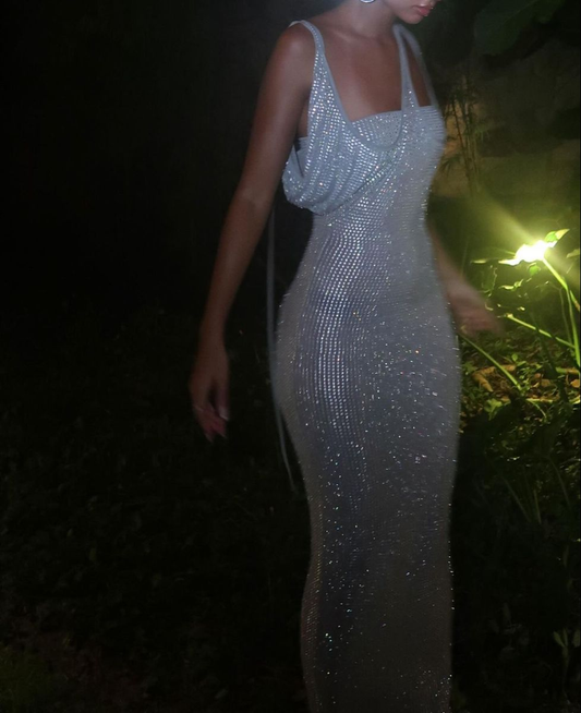 Glitter Silver Sheath Sequin Long Evening Dress Birthday Party Dress D1395