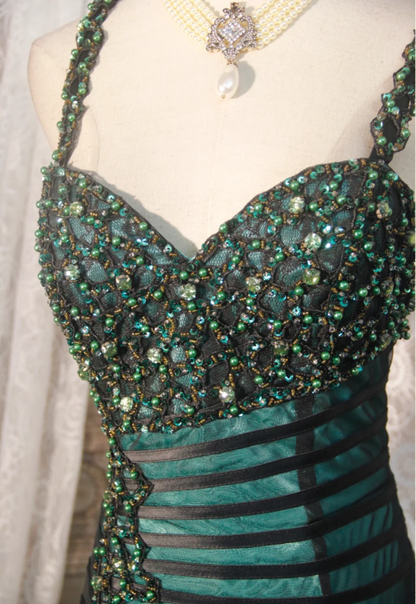 Vintage Spaghetti Straps Satin Tulle Beaded Mermaid Evening Dress Dark Green Long Party Gown