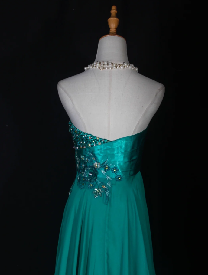 Fashion Strapless Green Satin Beaded  Birthday Prom Dress Embroidery Floral Mermaid Long Evening Dress D2281