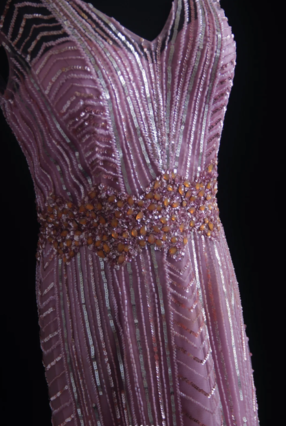 Gorgeous Pink V Neck Tulle Sequin Beaded Mermaid Evening Dress Prom Gown