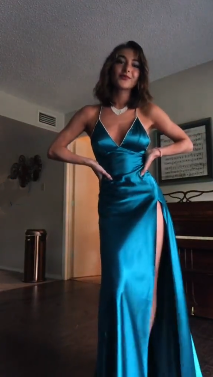 Classy Spaghetti Straps Blue Satin Beaded A Line Slit Long Wedding Guest Dress Evening Gown