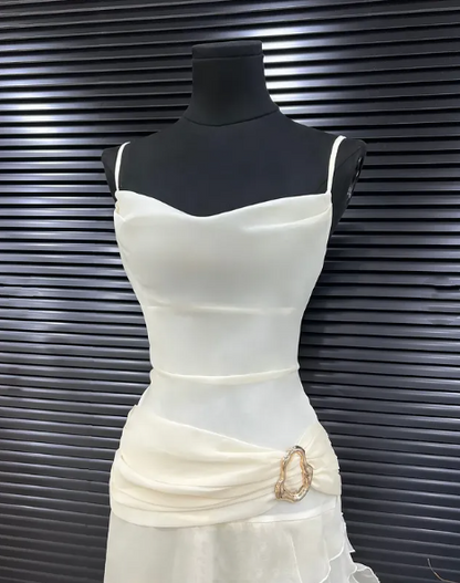 Elegant White Chiffon Mermaid Evening Dress Long Layered Prom Dress Y7716
