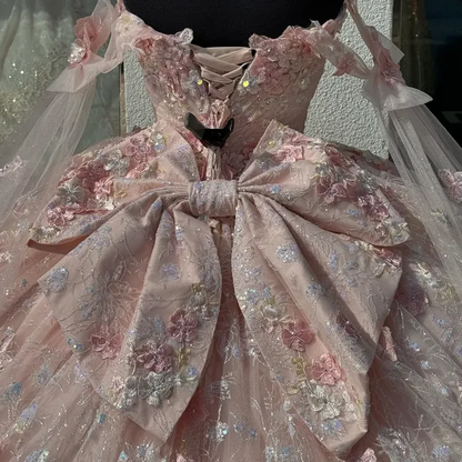 Pretty Pink Off The Shoulder Tulle Lace Appliques Quinceanera Dress Sweet 16 Dress With Bow D1047