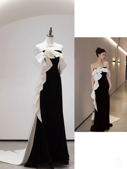 Sexy Sheath Strapless Black Satin Long Evening Gowns Prom Dresses