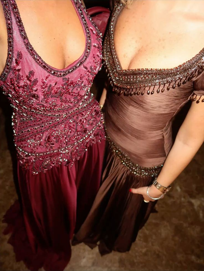 Vintage V Neck Brown Chiffon Beaded Mermaid Party Dress Long Evening Gowns