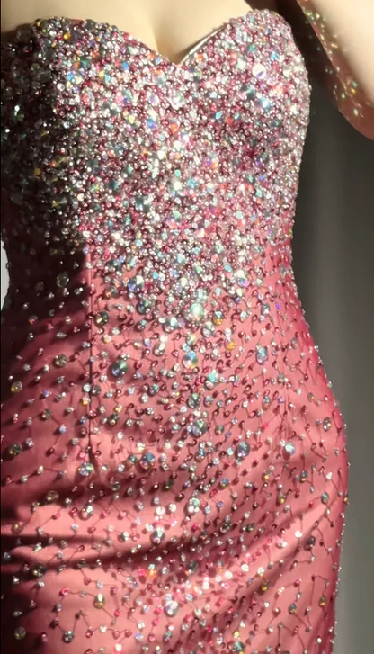 Sparkly Burgundy Strapless Tulle Beaded Mermaid Long Evening Dress Formal Birthday Party Dress D1882