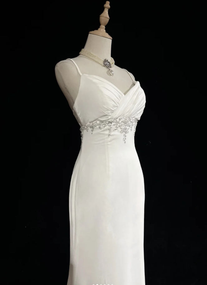 Classy Spaghetti Strap White Tulle Satin Beaded Mermaid Evening Dress Long Wedding Guest Dress D1850