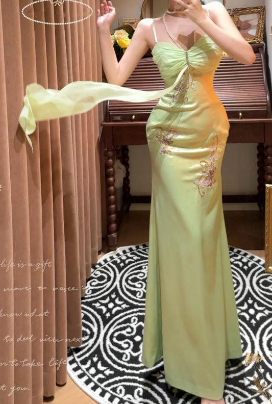 Classy Spaghetti Straps Green Satin Beaded Mermaid Long Wedding Guest Dress Formal Birthday Party Dress D2051