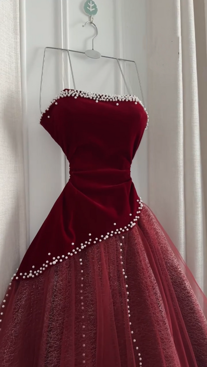 Elegant Strapless Royal Blue Velvet Tulle Beaded Long Party Dress Formal Birthday Prom Gowns SP2048