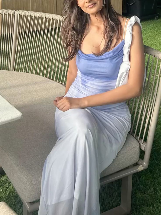 Chic Spaghetti Straps Ombre Blue Chiffon Mermaid Evening Gown Formal Wedding Guest Dress