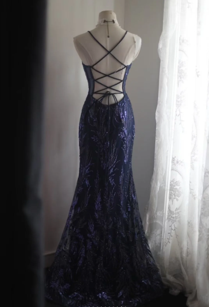 Luxurious Spaghetti Straps Tulle Sequin Mermaid Long Party Dress Navy Blue Evening Dress D2208