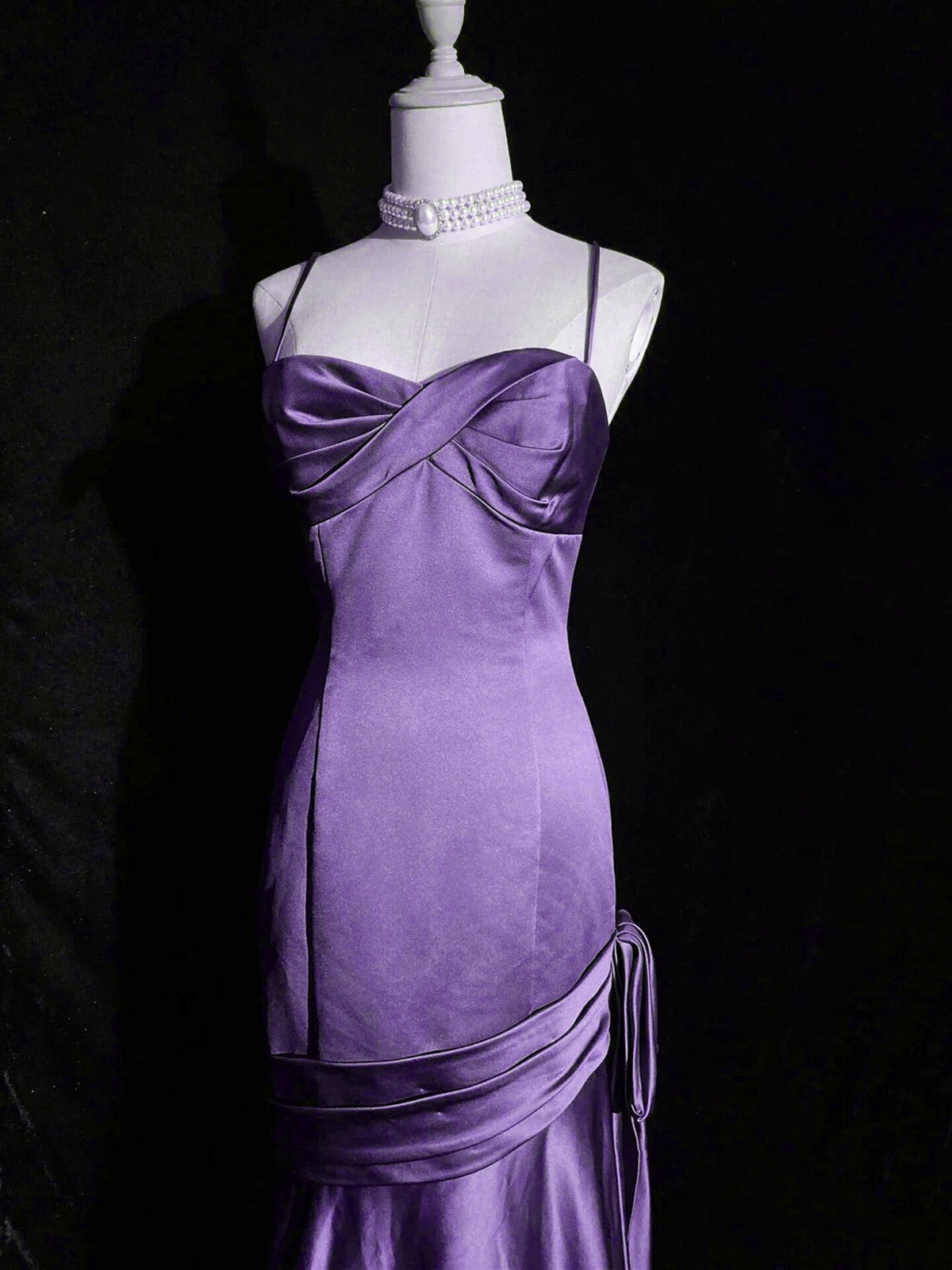 Purple A-line Mermaid Straps Evening Dress, Purple Satin Prom Dress Formal Dress