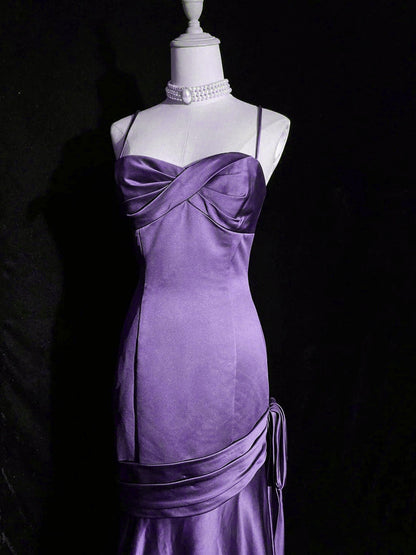 Purple A-line Mermaid Straps Evening Dress, Purple Satin Prom Dress Formal Dress