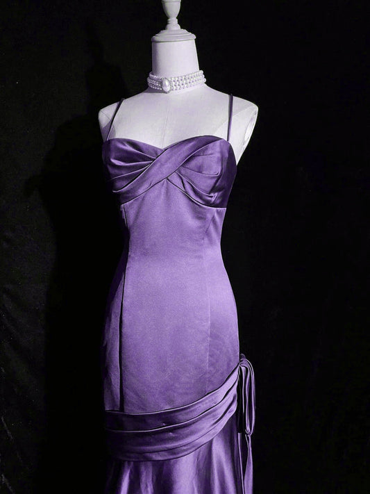 Purple A-line Mermaid Straps Evening Dress, Purple Satin Prom Dress Formal Dress
