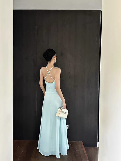 Simple Spaghetti Straps V Neck Green Chiffon A Line Long Party Dress Evening Dress D2090