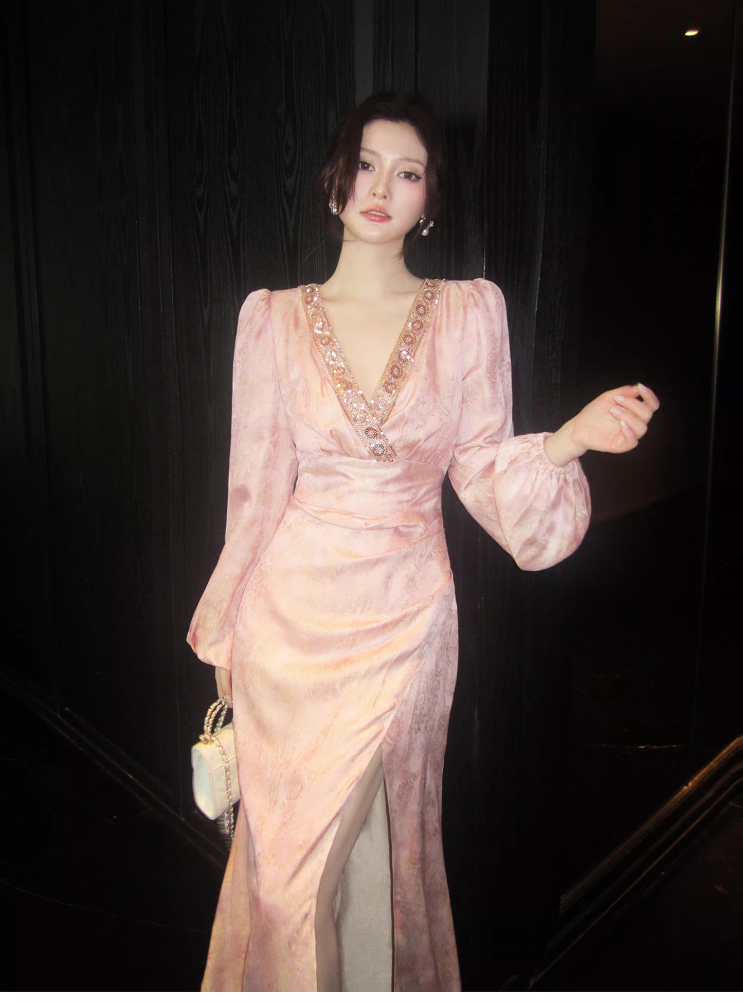 Glamorous V Neck Pink Satin Print Floral Beaded Mermaid Slit Evening Dress Long Birthday Prom Gown SP1542