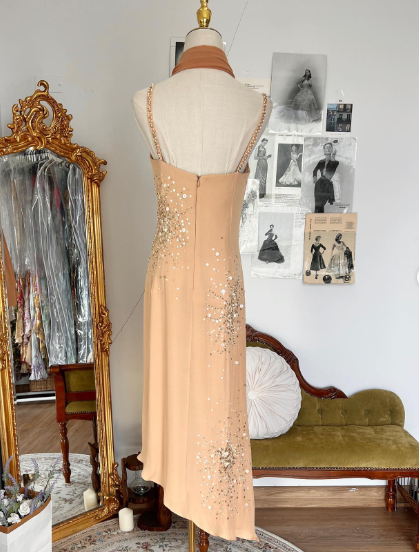 Vintage Spaghetti Straps Peach Hue Satin Sequin Beaded Party Dress Prom Dress With Flowing Scarf SP631