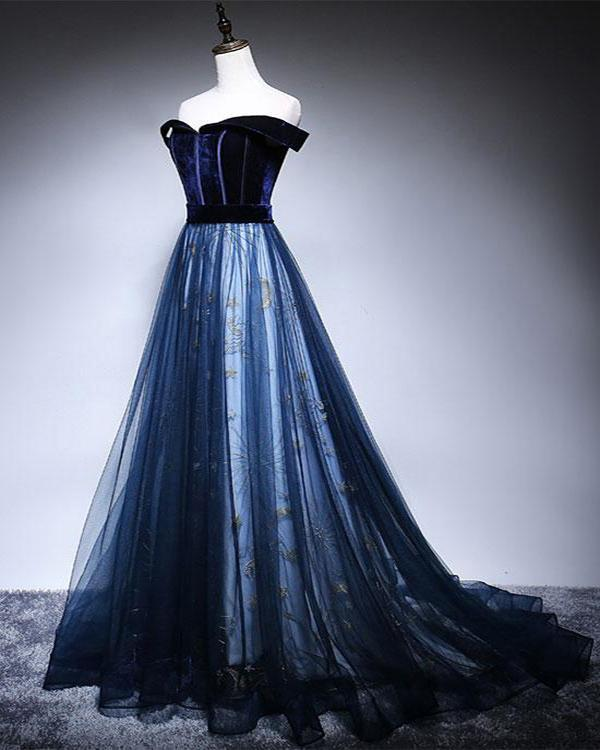 Dark Blue Velvet Tulle Long Prom Dress, Elegant Off the Shoulder Evening Dress  MD7242
