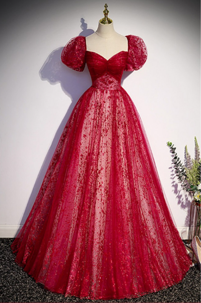 Dreamy Burgundy A-Line Tulle Long Prom Dress Graduation Dress MD7307