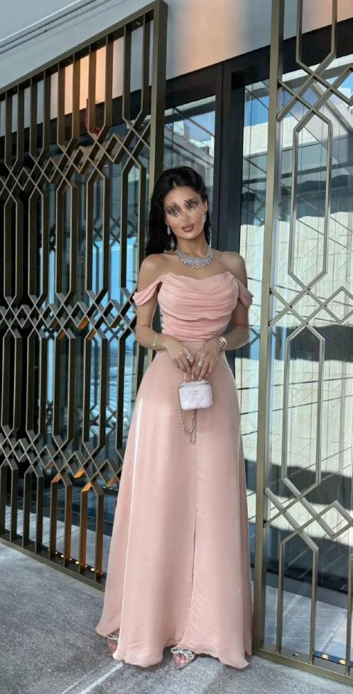 Pink Off Shoulder A-Line Long Party Dress Wedding Guest Dress MD7551