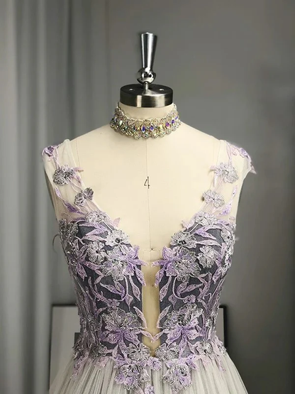 Charming V Neck Backless A-Line Flowers Appliques Formal Party Dress MD7189