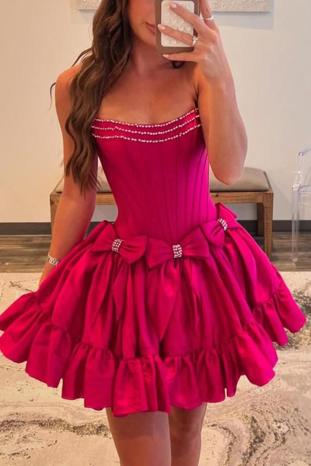 White Strapless Satin Beaded Short Homecoming Dress Cocktail Dress With Bow S398