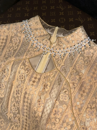 Apricot-colored, fitted, mid-length ball gown with a Chinese style R6848