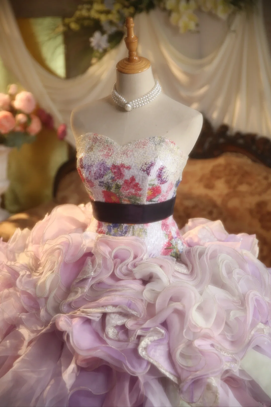 Light purple strapless ball gown with a cinched waist and a voluminous puffy skirt; bridal gown R7281