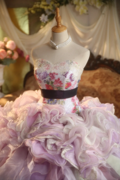 Light purple strapless ball gown with a cinched waist and a voluminous puffy skirt; bridal gown R7281