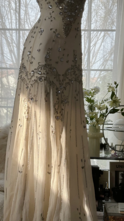 Elegant Ivory Straps Sheath Chiffon Beaded Vintage Long Evening Party Dresses, D1074