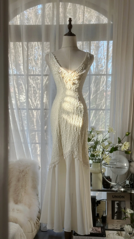 White V-neck, sexy, fitted waist, elegant long ball gown R7684