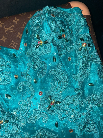 Lake blue strapless fitted waist slim-fitting tassel skirt fairy ball gown R6928