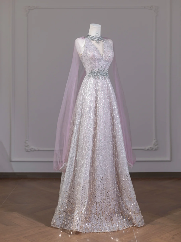 Light pink V-neck fitted waist slim-fit rhinestone long ball gown/bridal dress R8279