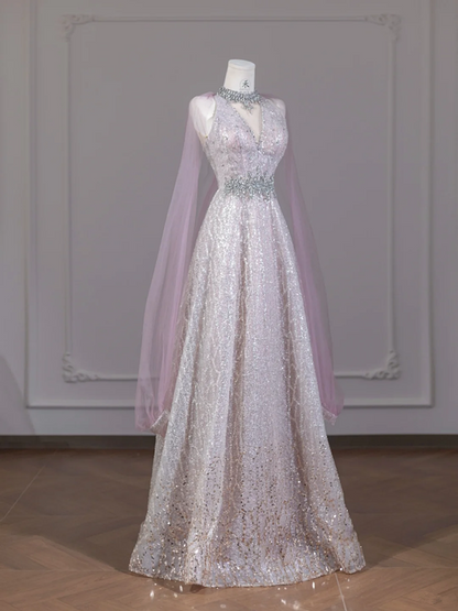 Light pink V-neck fitted waist slim-fit rhinestone long ball gown/bridal dress R8279