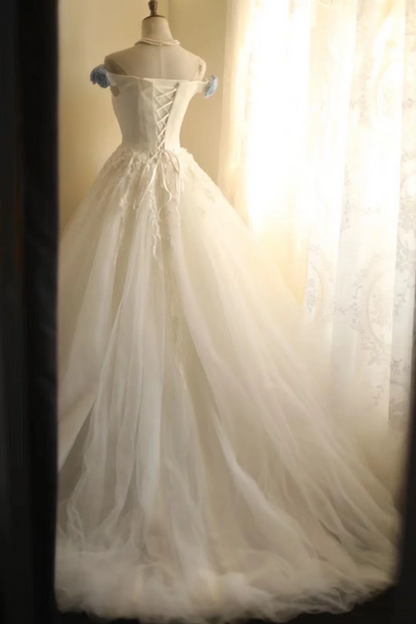 White off-the-shoulder fitted waist slim-fitting ball gown with a full skirt R6768
