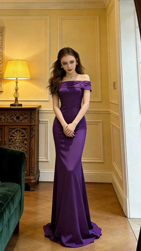 Purple off-the-shoulder fitted long sexy ball gown R8612
