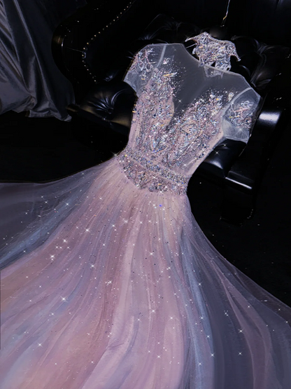 Light purple sequined fitted long ball gown with a cinched waist and full skirt R8735