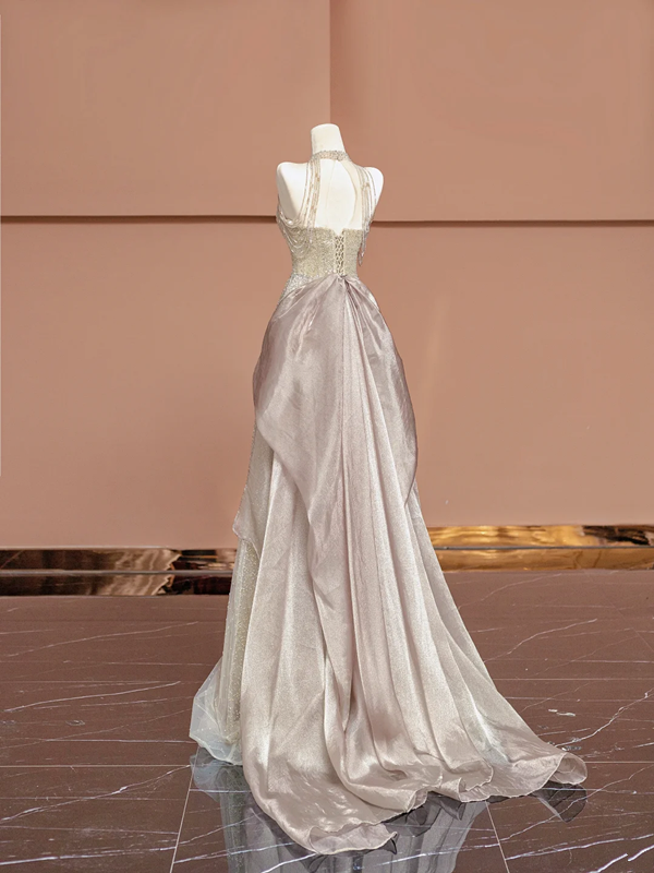 Champagne-colored halter neck, fitted waist, long ball gown/bridal dress R8394
