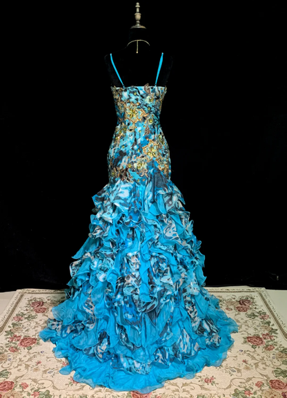 Blue retro floral halter-neck fitted bodycon long ball gown R8672