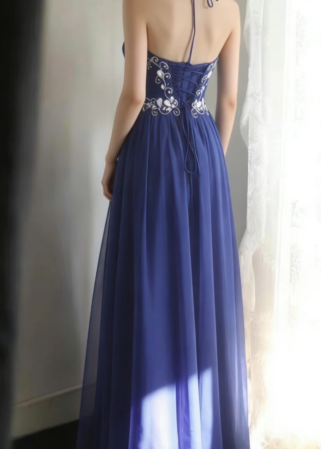 Stylish Halter Royal Blue Chiffon Beaded Long Evening Dress Formal Wedding Guest Dress Prom Gown