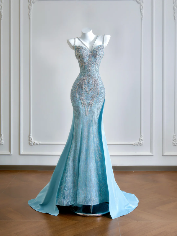 Light blue halter-neck fitted waist bodycon sexy long ball gown R8194