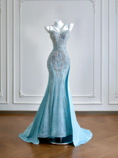 Light blue halter-neck fitted waist bodycon sexy long ball gown R8194