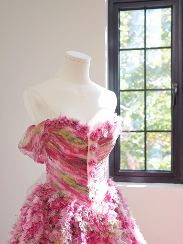 Pink floral print strapless fitted waist ball gown with a full skirt, long ball gown, bridal dress R8454